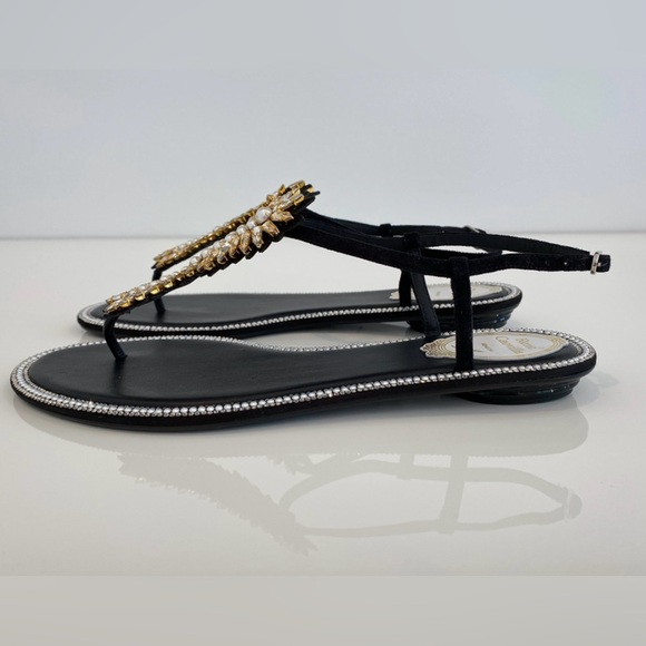 RENE CAOVILLA BLACK LEATHER SUEDE CRYSTAL PEARL SANDALS SIZE IT 38 / IT 8 - Picture 8 of 16